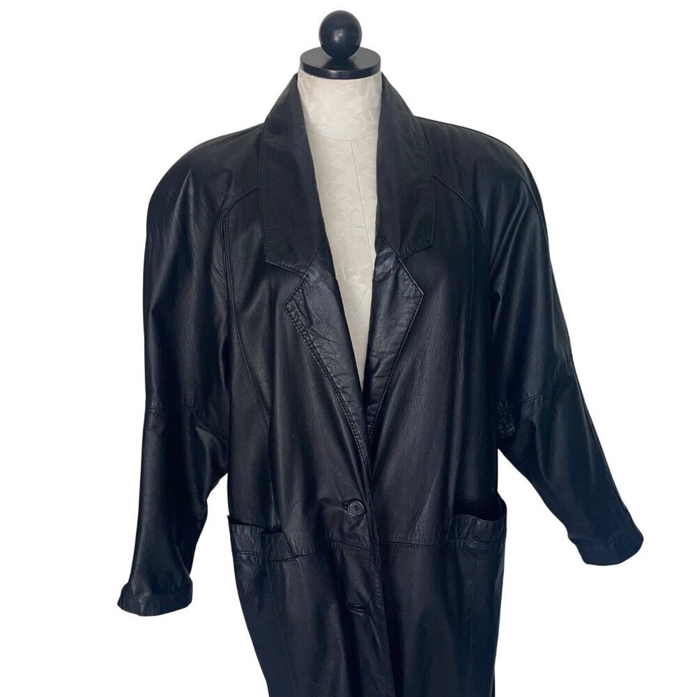 Pelle Vintage Womens Coat Size Medium Black Leather Trench Casual New York - Picture 3 of 16